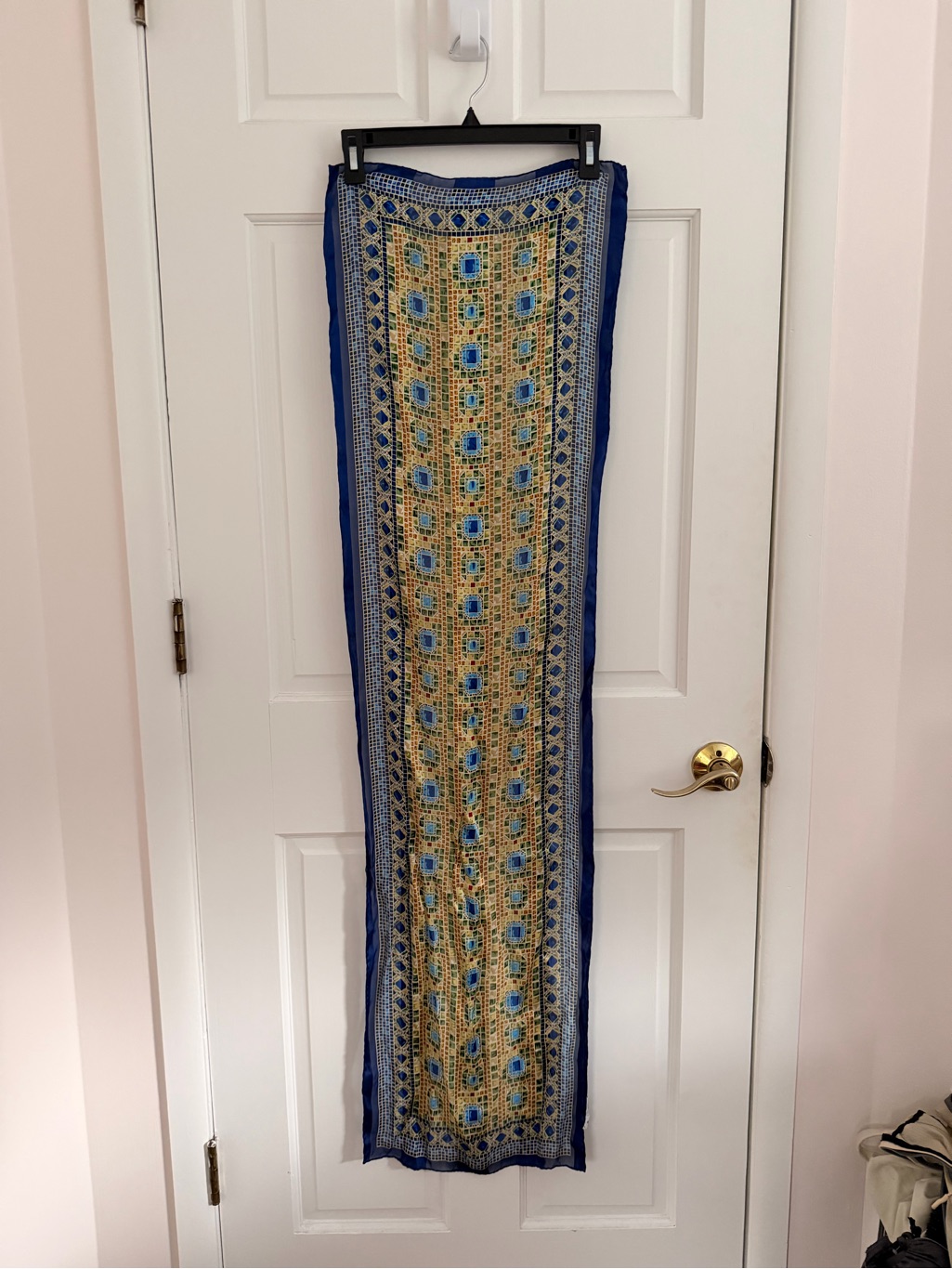 100 Silk Blue And Gold Patterned Long Scarf